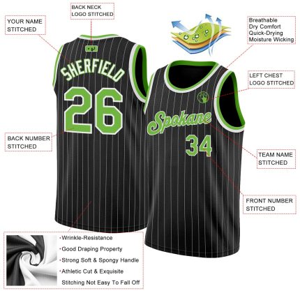 Pinstripe Basketball Jersey Personalized Black White Neon Green-White Design Personalized Black White Pinstripe Neon Green-White