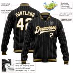 Custom Team Name and Number Black White Pinstripe Old Gold Varsity Bomber Full-Snap Jacket Personalized Black White Pinstripe