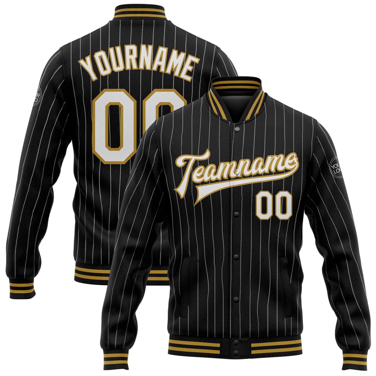 Custom Team Name and Number Black White Pinstripe Old Gold Varsity Bomber Full-Snap Jacket Personalized Black White Pinstripe