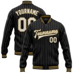 Personalized Black White Pinstripe Varsity Letterman Jacket Old Gold Full-Snap Bomber Personalized Black White Pinstripe