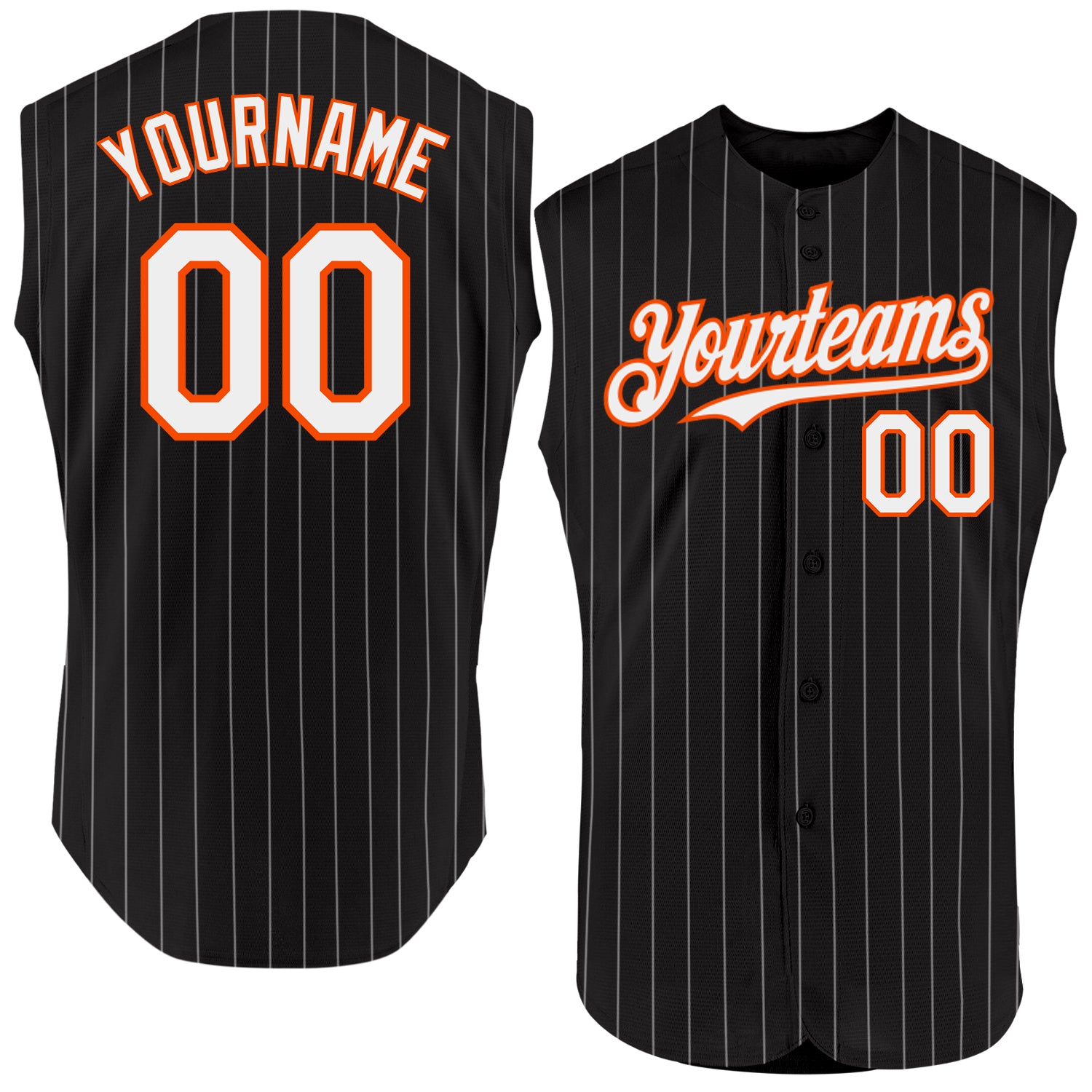 Personalized Black White Pinstripe Sleeveless Baseball Jersey with Old Gold Trim Personalized Black White Pinstripe Old Gold