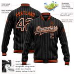 Personalized Orange Bomber Varsity Letterman Jacket Black White Pinstripe Full-Snap 3 Personalized Black White Pinstripe