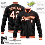 Personalized Black White Pinstripe Orange Varsity Letterman Bomber Jacket Full-Snap Design Personalized Black White Pinstripe