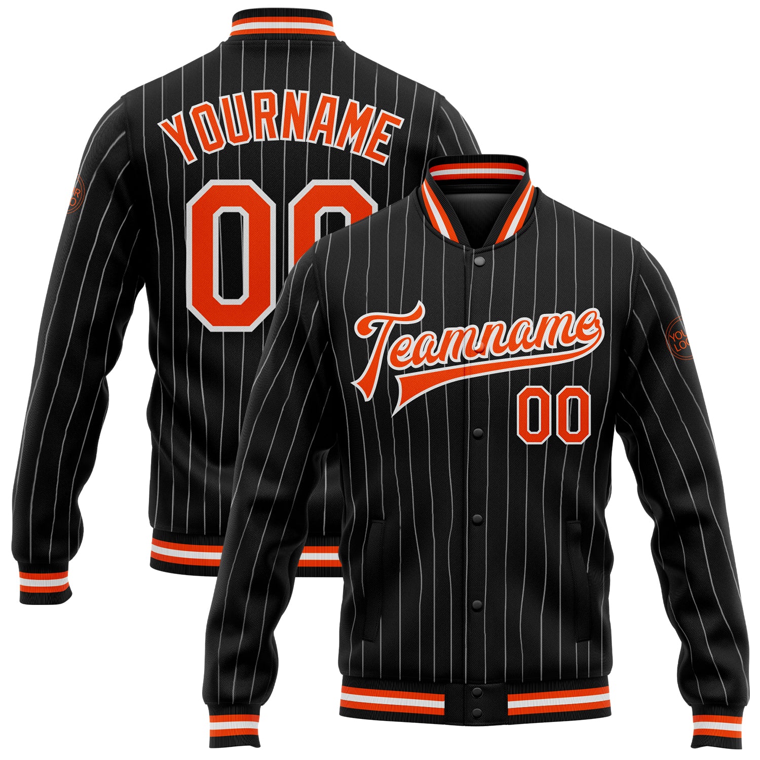 Personalized Black White Pinstripe Orange Varsity Jacket Full-Snap Bomber Letterman Jacket Personalized Black White Pinstripe