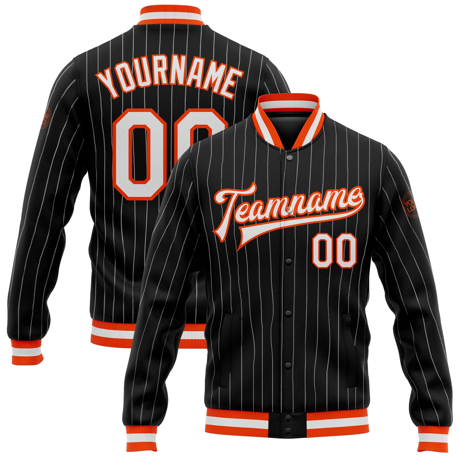 Personalized Black White Pinstripe Orange Varsity Letterman Bomber Jacket Full-Snap Design Personalized Black White Pinstripe