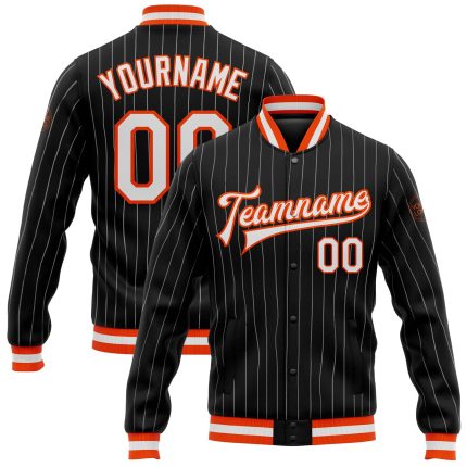 Custom Varsity Letterman Jacket - Personalized Black White Pinstripe Orange Bomber with Name and Number Personalized Black