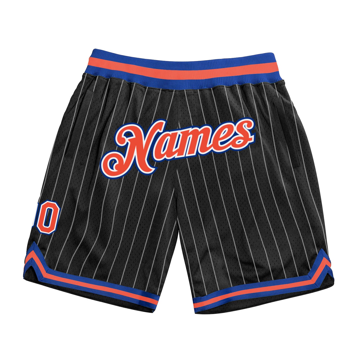 Custom Team Basketball Shorts with Orange-Royal and Black White Pinstripes - Personalized Name and Number Personalized Black