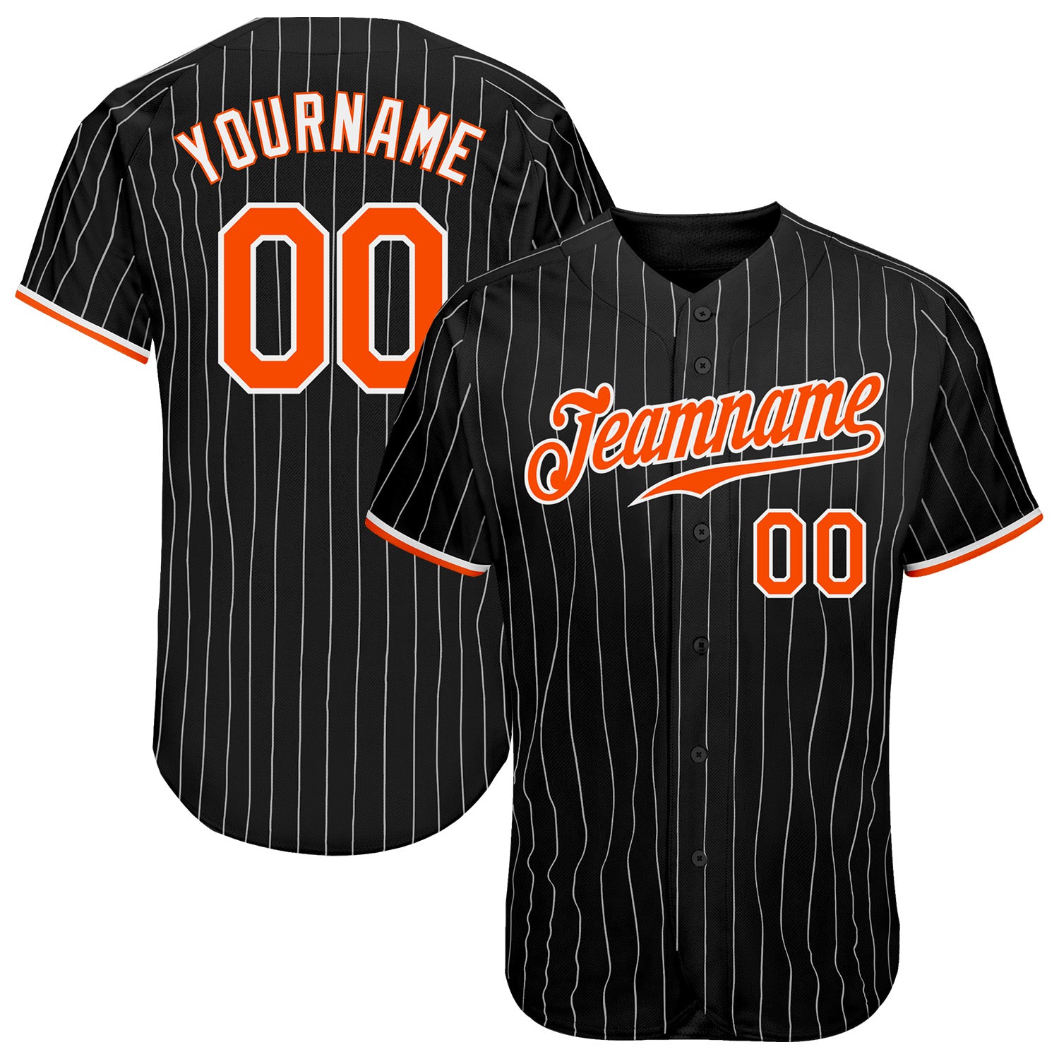 Custom Name Number Authentic Baseball Jersey - Personalized Black White Pinstripe with Orange White Trim Personalized Black