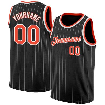 Custom Personalized Basketball Jersey - Black White Pinstripe with Orange-White Team Name and Number Personalized Black White