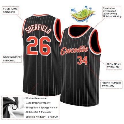 Custom Personalized Basketball Jersey - Black White Pinstripe with Orange-White Team Name and Number Personalized Black White