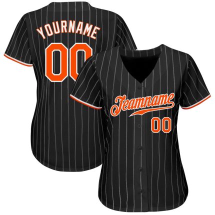 Personalized Black and White Pinstripe Baseball Jersey with Orange Accents Personalized Black White Pinstripe Orange-White
