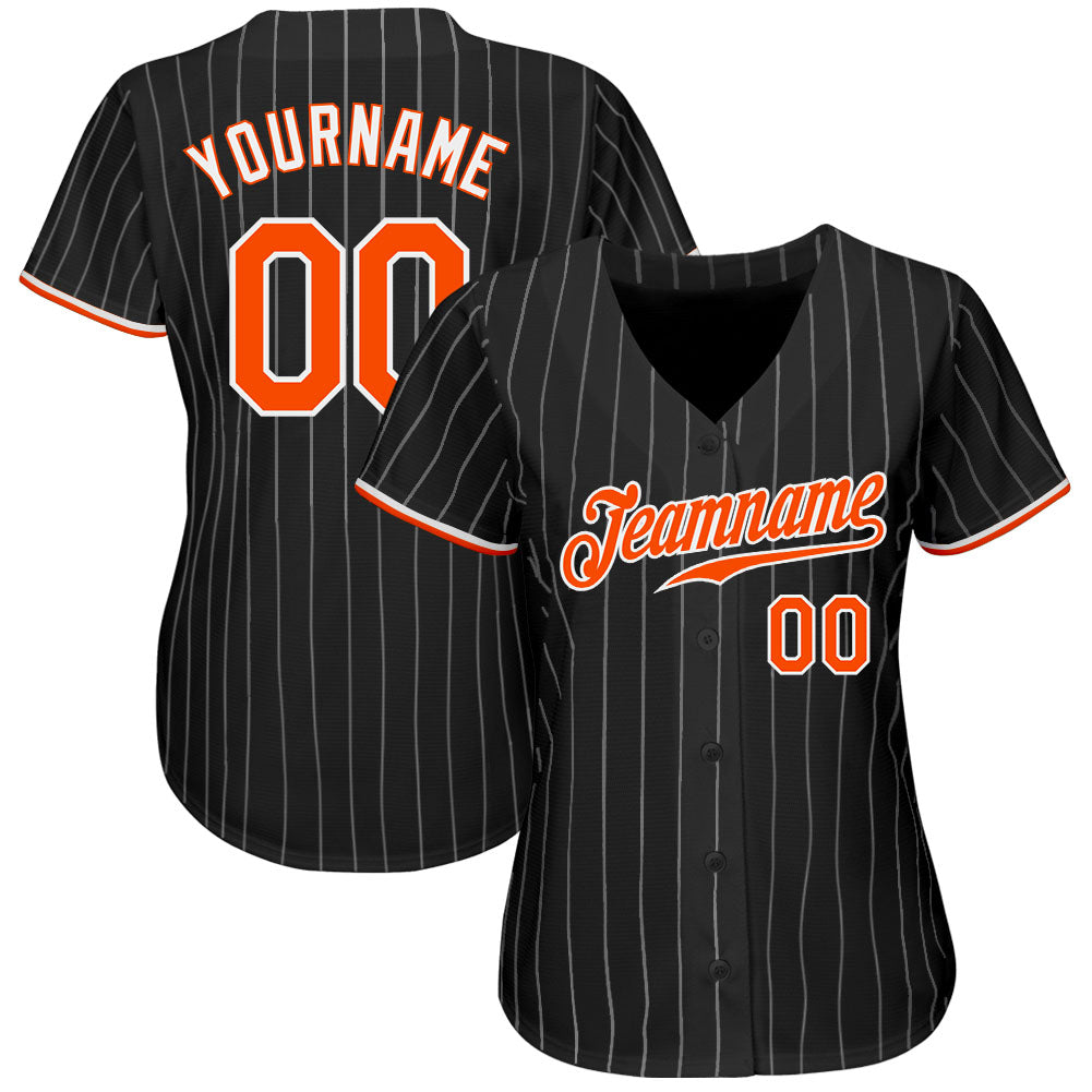 Personalized Black and White Pinstripe Baseball Jersey with Orange Accents Personalized Black White Pinstripe Orange-White - Image 2