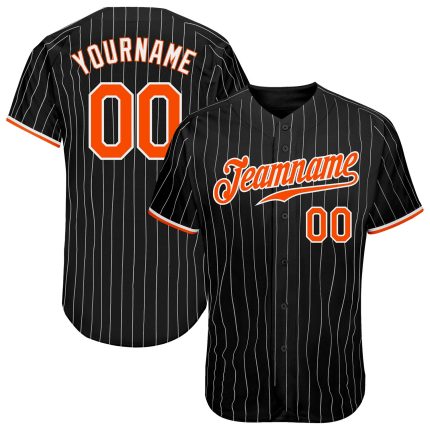 Personalized Black and White Pinstripe Baseball Jersey with Orange Accents Personalized Black White Pinstripe Orange-White