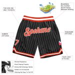 Customized Black White Pinstripe Basketball Shorts with Orange-White Trim Personalized Black White Pinstripe Orange-White