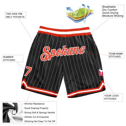 Customized Black White Pinstripe Basketball Shorts with Orange-White Trim Personalized Black White Pinstripe Orange-White