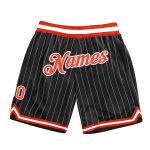 Customized Black White Pinstripe Basketball Shorts with Orange-White Trim Personalized Black White Pinstripe Orange-White