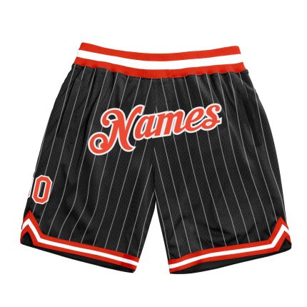 Customized Black White Pinstripe Basketball Shorts with Orange-White Trim Personalized Black White Pinstripe Orange-White