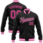 Personalized Bomber Jacket Black White Pinstripe Pink Full-Snap Varsity Letterman Personalized Black White Pinstripe Pink