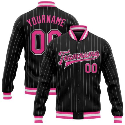 Personalized Bomber Jacket Black White Pinstripe Pink Full-Snap Varsity Letterman Personalized Black White Pinstripe Pink