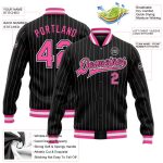 Personalized Bomber Jacket Black White Pinstripe Pink Full-Snap Varsity Letterman Personalized Black White Pinstripe Pink