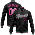 Customizable Bomber Jacket with Team Name and Number in Black White Pinstripe Pink and Kelly Green - Full-Snap Varsity Letterman Style