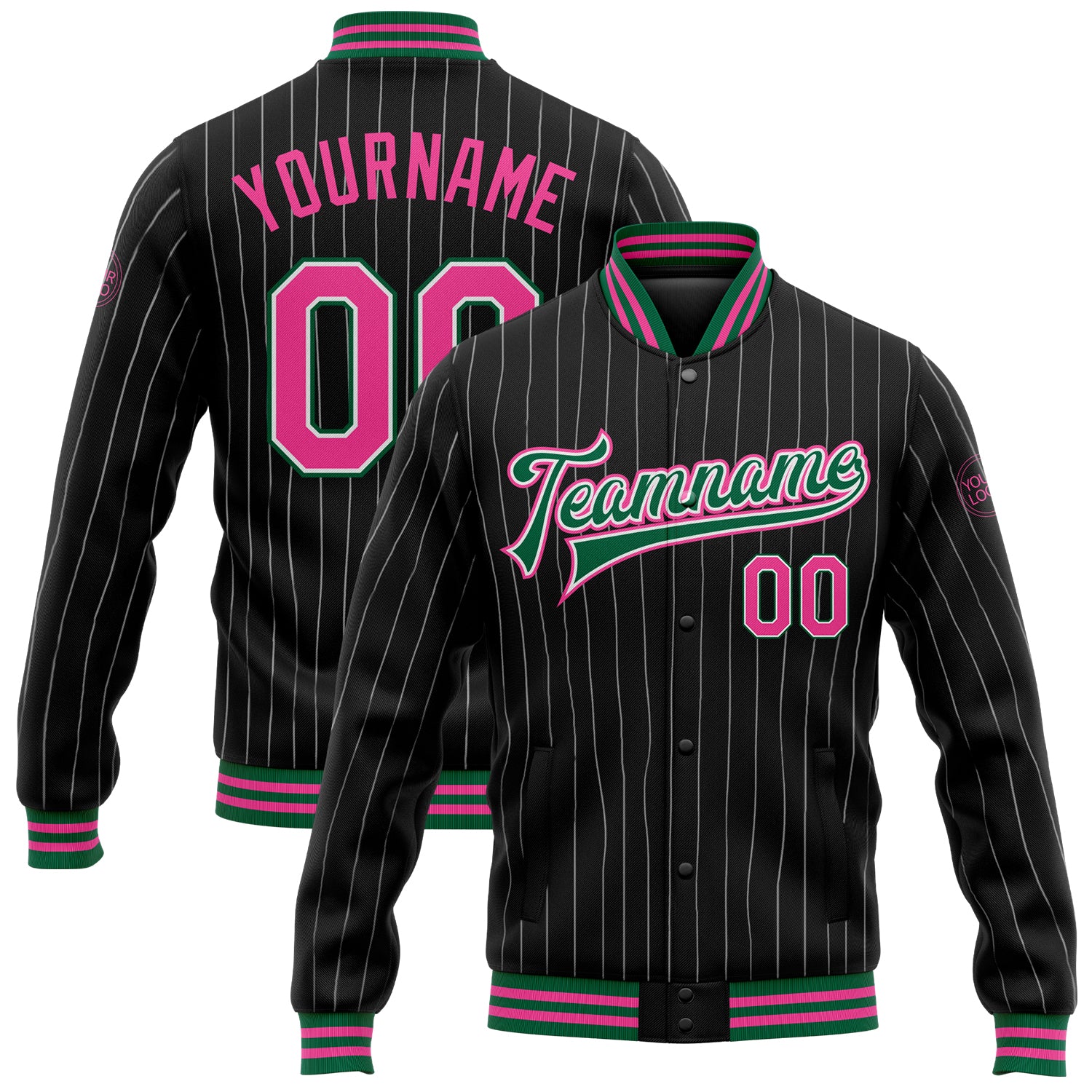 Customizable Bomber Jacket with Team Name and Number in Black White Pinstripe Pink and Kelly Green - Full-Snap Varsity Letterman Style