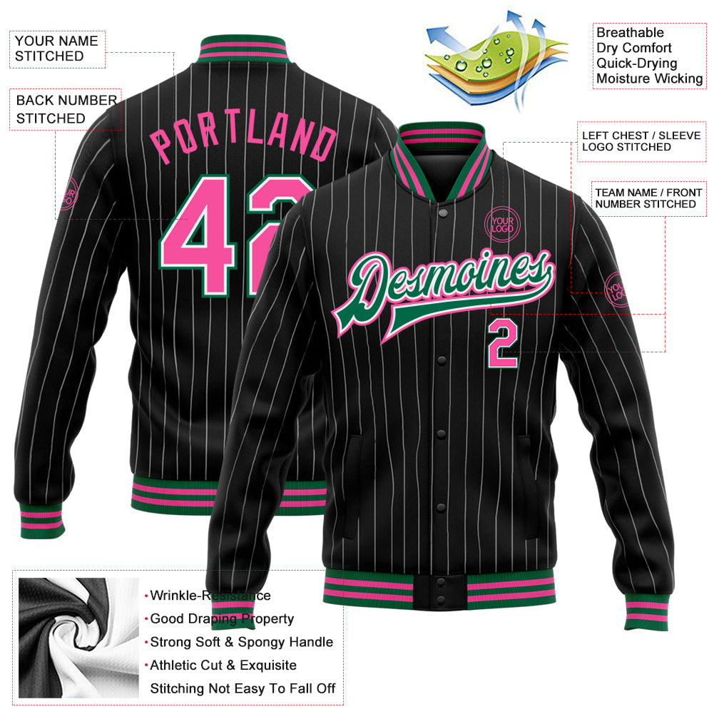 Personalized Black White Pinstripe Pink-Kelly Green Bomber Full-Snap Varsity Letterman Jacket Team Custom Name and Number Customizable Bomber Jacket with Team Name and Number in Black White Pinstripe Pink and Kelly Green - Full-Snap Varsity Letterman Style - Image 3