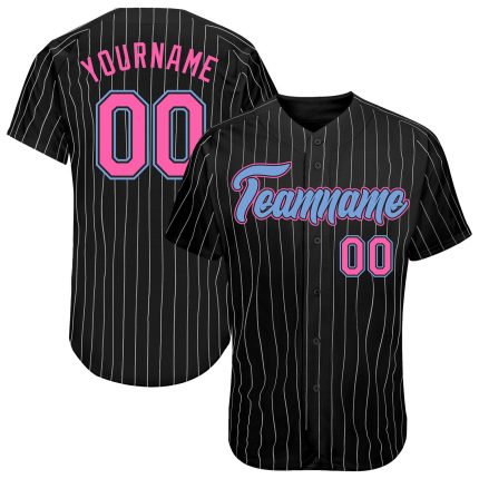 Personalized Authentic Baseball Jersey Black White Pinstripe Pink Light Blue Personalized Black White Pinstripe Pink-Light