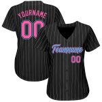 Personalized Authentic Baseball Jersey Black White Pinstripe Pink Light Blue Personalized Black White Pinstripe Pink-Light