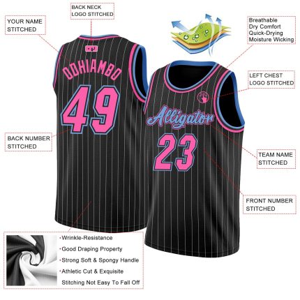 Custom Name Number Basketball Jersey - Personalized Authentic Black White Pinstripe with Pink Light Blue Accents Personalized