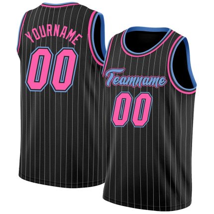 Custom Name Number Basketball Jersey - Personalized Authentic Black White Pinstripe with Pink Light Blue Accents Personalized