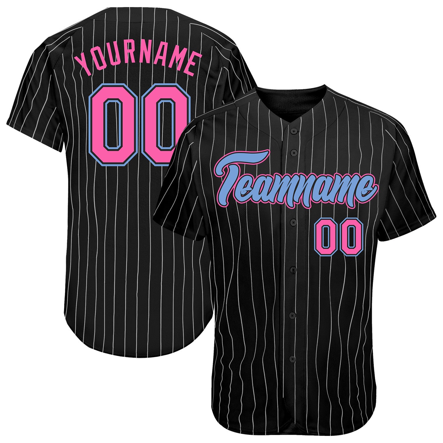 Personalized Black White Pinstripe Baseball Jersey in Pink Light Blue - Custom Sports Apparel Personalized Black White Pinstripe