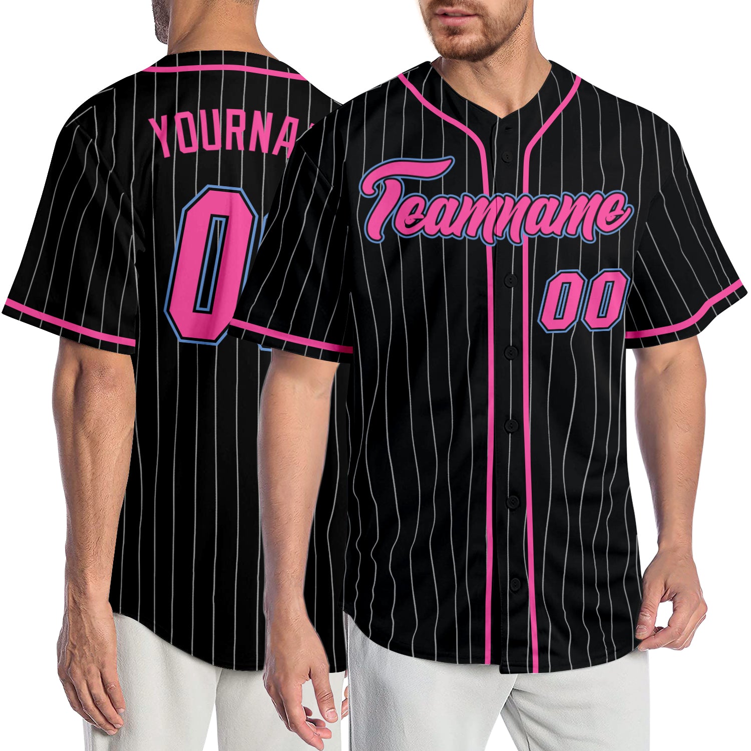 Personalized Black White Pinstripe Baseball Jersey for Kids - Pink Light Blue 3 Personalized Black White Pinstripe Pink-Light