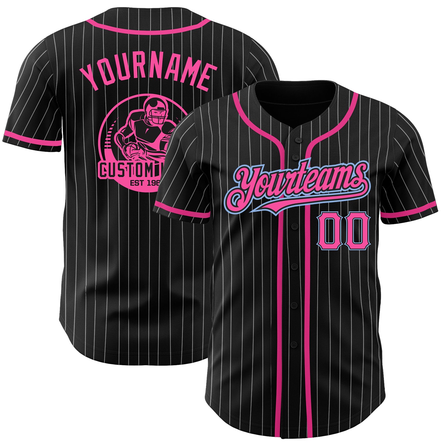 Personalized Black White Pinstripe Baseball Jersey in Pink and Light Blue - Custom Number 5 Personalized Black White Pinstripe