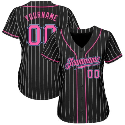 Personalized Black and White Pinstripe Baseball Jersey in Pink and Light Blue Personalized Black White Pinstripe Pink-Light