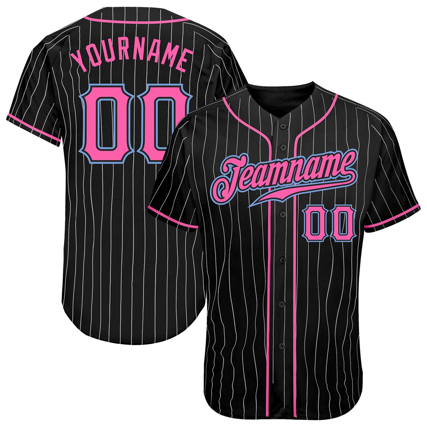 Personalized Black and White Pinstripe Baseball Jersey in Pink and Light Blue Personalized Black White Pinstripe Pink-Light