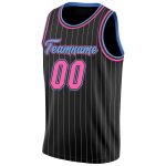 Personalized Pink Light Blue Black White Pinstripe Basketball Jersey Personalized Black White Pinstripe Pink-Light Blue Basketball