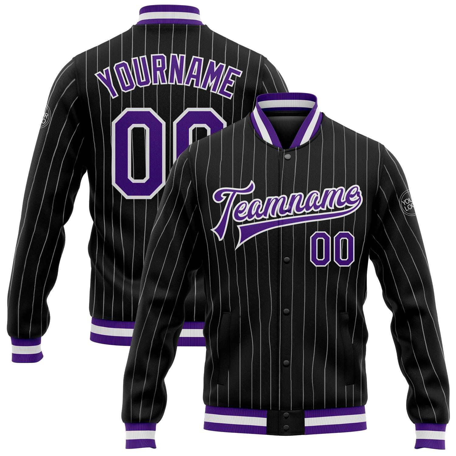 Customizable Pinstripe Purple Full-Snap Varsity Jacket with Team Name and Number - Personalized Black and White Bomber Jacket