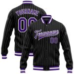Personalized Purple Bomber Jacket Black White Pinstripe Varsity Letterman Full-Snap Personalized Black White Pinstripe Purple