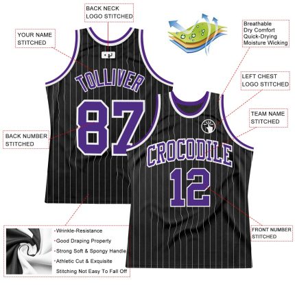 Personalized Purple White Black White Pinstripe Basketball Jersey Authentic Personalized Black White Pinstripe Purple-White
