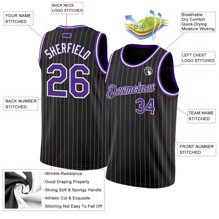 Custom Personalized Authentic Basketball Jersey Black White Pinstripe Purple-White with Name and Number Personalized Black