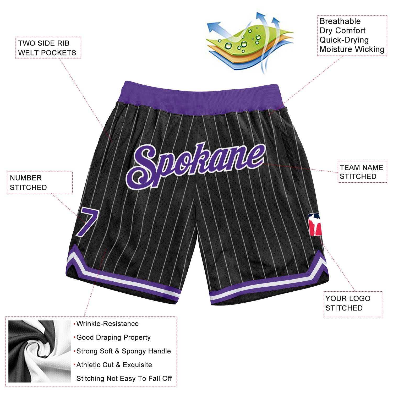Personalized Black White Pinstripe Purple-White Authentic Basketball Shorts Team Custom Name and Number Custom Name Number Personalized Purple White Black Pinstripe Basketball Shorts Authentic Team Sportswear Personalized Black - Image 2