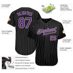 Personalized Black and White Pinstripe Baseball Jersey with Purple-White Accents Personalized Black White Pinstripe Purple-White