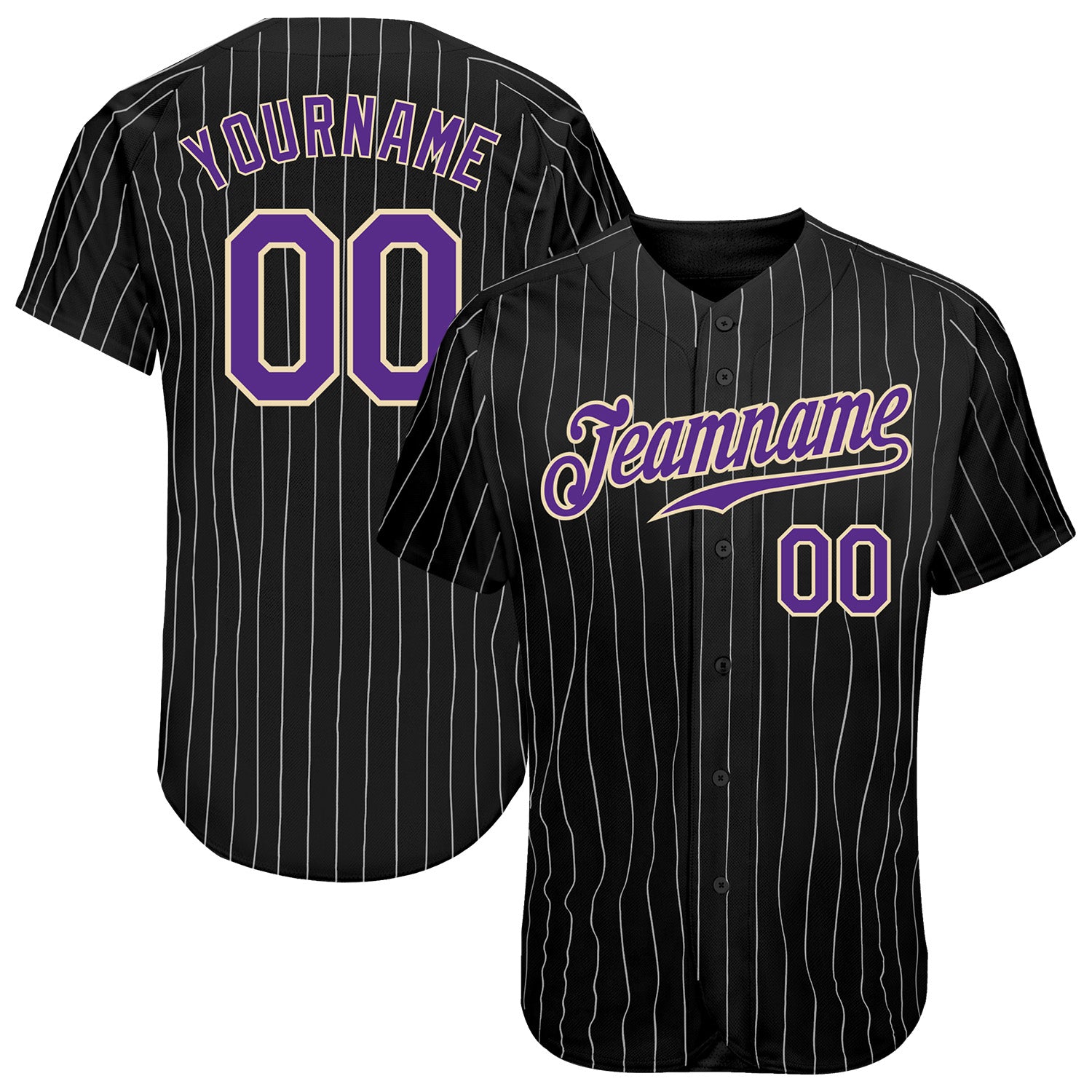 Personalized Black and White Pinstripe Baseball Jersey with Purple-White Accents Personalized Black White Pinstripe Purple-White
