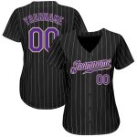 Personalized Black and White Pinstripe Baseball Jersey with Purple-White Accents Personalized Black White Pinstripe Purple-White