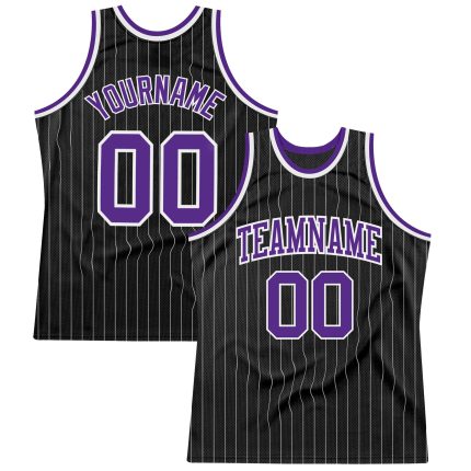 Custom Black and White Pinstripe Basketball Jersey with Purple and White Design 2 Personalized Black White Pinstripe Purple-White