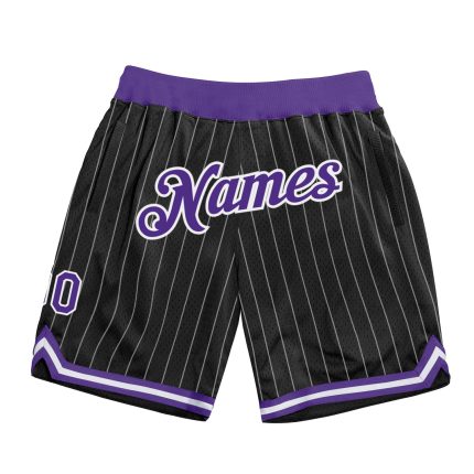 Personalized Black White Pinstripe Basketball Shorts with Purple Accents Personalized Black White Pinstripe Purple-White