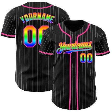 Custom 3D Baseball Jersey with Personalized Name & Number, Black White Pinstripe Rainbow-Pink Design Personalized Black White