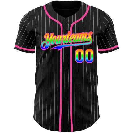 Custom 3D Baseball Jersey with Personalized Name & Number, Black White Pinstripe Rainbow-Pink Design Personalized Black White