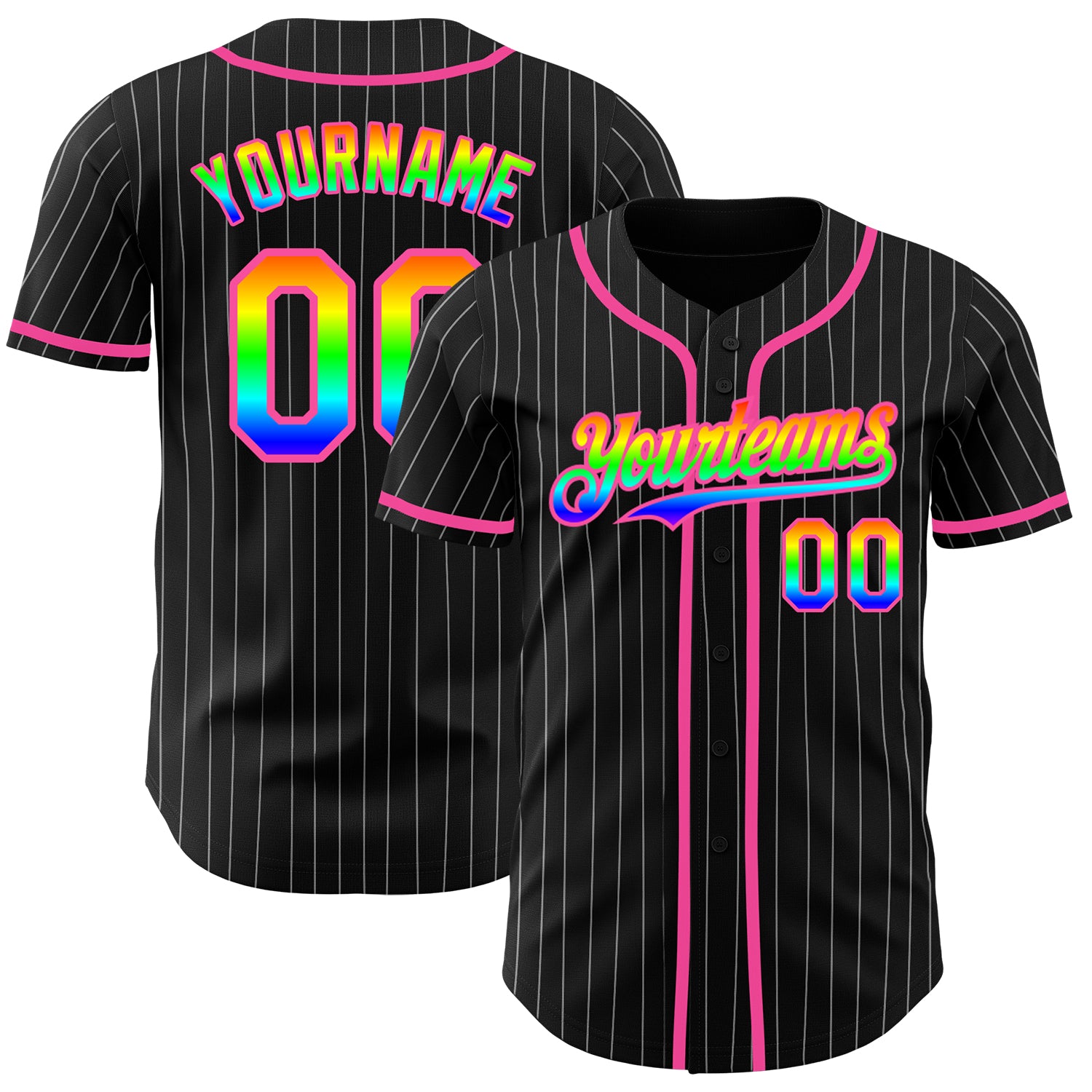 Personalized 3D Baseball Jersey Rainbow-Pink Black White Pinstripe Design Personalized Black White Pinstripe Rainbow-Pink